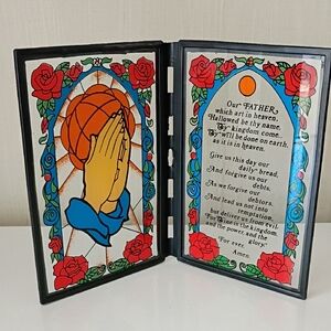 Vintage Folding Faux Stained Glass Our Father Prayer And Praying Hands